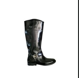 Michael Kors Fulton Tall Riding Harness Boot Black Gloss MK Logo Rain Women 8